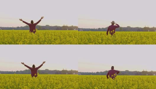 慢镜头中，一位精力充沛的农民在田园诗般的田园油菜籽田间伸开双臂，将帽子抛向头顶高清在线视频素材下载