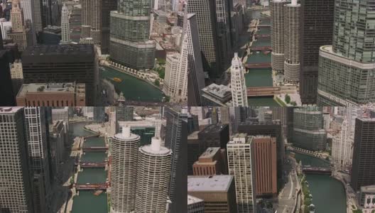日间航拍芝加哥市区和芝加哥河。高清在线视频素材下载