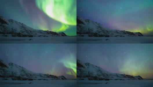 北极光(北极光)在挪威北部冬季罗浮敦群岛上空的夜空中的时间推移剪辑。高清在线视频素材下载