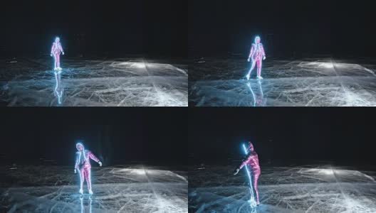 女人是滑冰之夜。女孩在大自然中骑着花样滑冰鞋。一个女人在冰裂缝上骑马。冰上的神奇天使。穿着冰鞋的人们在大自然中享受冬季活动。高清在线视频素材下载
