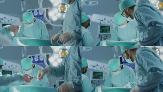 手术室的特写镜头，助理在手术中向外科医生发放器械。手术的进展。从事外科手术的专业医生。高清在线视频素材下载