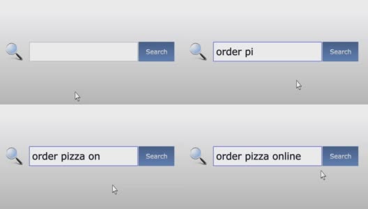 订购比萨在线图形浏览器搜索查询，网页，用户输入搜索相关结果，计算机互联网技术。网页浏览打字字母，填写表格按下查找按钮，导航到搜索结果页面，在线工作高清在线视频素材下载