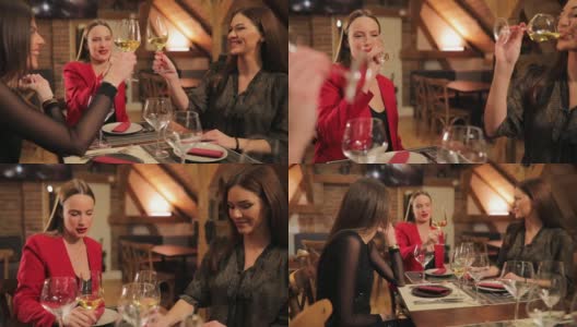 迷人的女士在餐厅喝白葡萄酒高清在线视频素材下载