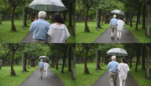 老两口撑着伞在公园里散步的背影高清在线视频素材下载
