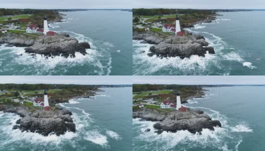 美丽的海岸灯塔新英格兰海岸无人机高清在线视频素材下载