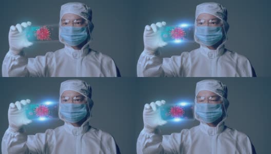 医学科学家冠状病毒疫苗研究人员戴口罩和穿着智能移动病毒分析，医学实验室物联网技术AI移动医疗数字化未来展示。高清在线视频素材下载