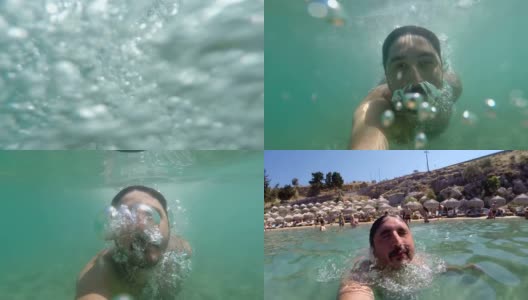 一边跳进水里一边用自己的相机拍照高清在线视频素材下载