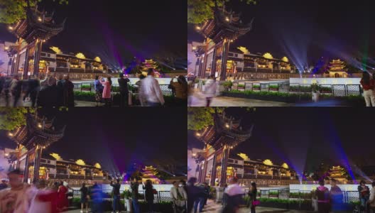 夜景照明南京古城，著名的寺庙拥挤的广场，时光流逝的全景4k中国高清在线视频素材下载