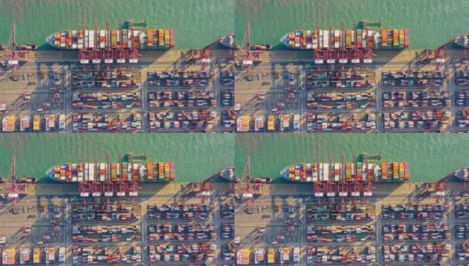 俯视图:香港进出口业务物流中国际港口起重机装载集装箱的超延时或滞后(放大)高清在线视频素材下载