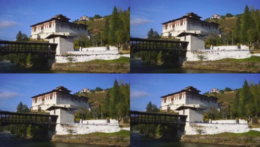 不丹谷地的宗庙和宗教祈祷旗高清在线视频素材下载