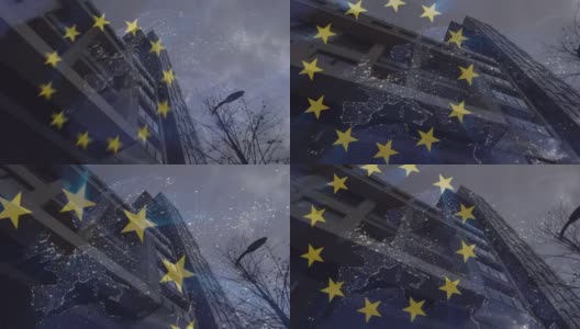 欧盟旗帜在现代城市连接图和高层建筑上的动画高清在线视频素材下载