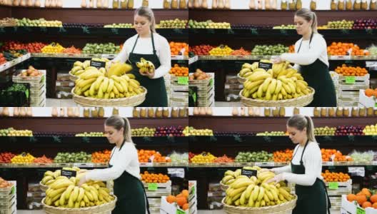 女售货员在超市提议新鲜香蕉高清在线视频素材下载
