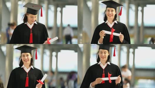 美丽的微笑毕业的学生女孩的肖像年轻的女人在帽子长袍行走和拿着文凭卷轴。高清在线视频素材下载