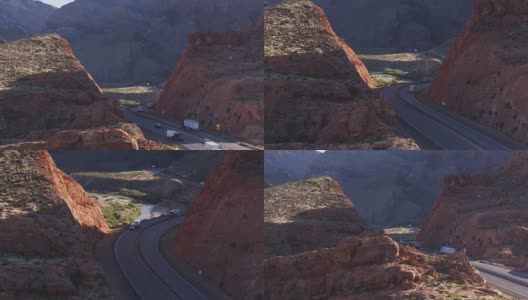 无人机在亚利桑那州维珍河峡谷I-5公路上跟踪卡车高清在线视频素材下载