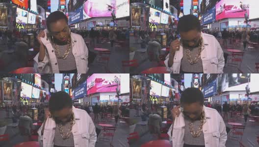年轻的非洲裔美国妇女在纽约时代广场被情绪征服高清在线视频素材下载