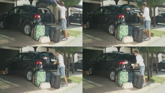 慢镜头:一名身穿白衬衫的男子在卸下行李后关上了汽车的后备箱高清在线视频素材下载
