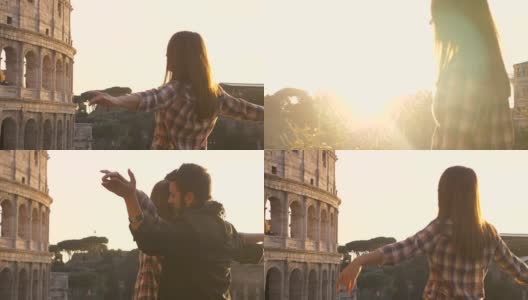 浪漫的年轻夫妇游客做著名的泰坦尼克号场景在罗马斗牛场前在日落时，男友抱着女友展开双臂幸福美丽的女人长发慢镜头太阳天赋稳定摄像机高清在线视频素材下载