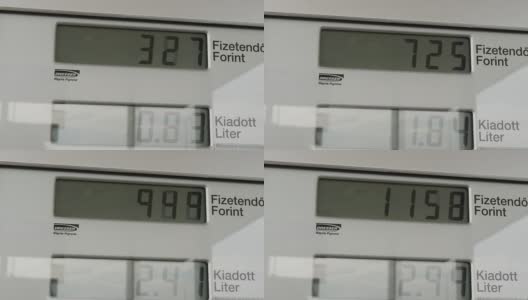 汽油泵表液晶显示计数作为汽车加油，测量升和收费在欧元高清在线视频素材下载