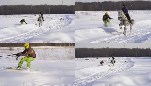 慢镜头:一个女孩骑着马疾驰。一匹马用绳子拖着一个滑雪者。滑雪者在雪堆中骑在滑雪板上。女子骑师和男子滑雪板训练成对。高清在线视频素材下载