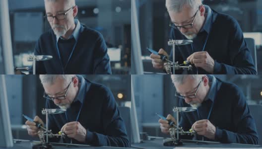 电子维护工程师焊接主板，微芯片和半导体的特写肖像，通过光学镜头寻找高精度的质量。电子维修与测试高清在线视频素材下载