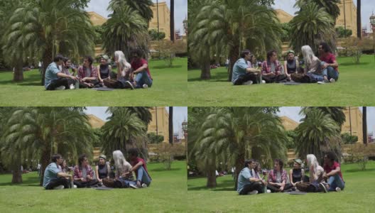 无忧无虑的学生坐在公园的草地上放松高清在线视频素材下载