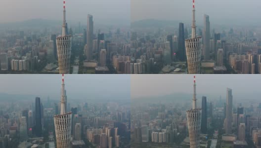 日落时分广州市著名的塔顶市中心区航拍全景4k中国高清在线视频素材下载