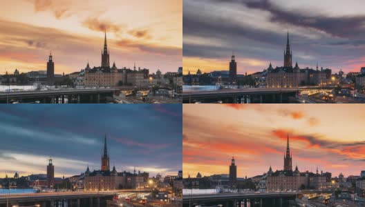 斯德哥尔摩,瑞典。夏日夜晚的斯德哥尔摩天际线风景。著名的热门目的地景区在日落灯光。里达霍尔姆教堂，地铁。白天到夜晚的过渡时间流逝高清在线视频素材下载