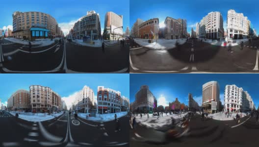 360度全景视频，gran via Madrid与雪的hyperlapse高清在线视频素材下载