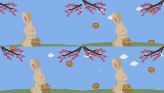 中秋快乐动画与兔子提篮子高清在线视频素材下载