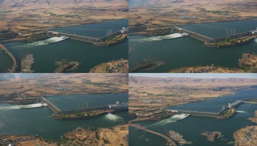 俄勒冈州(约2021年):哥伦比亚河峡谷中的Dalles大坝的鸟瞰图。用直升机用RED 8K拍摄的Cineflex。高清在线视频素材下载