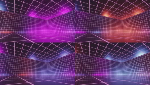 循环的三维动画，抽象的几何背景，旋转的虚拟现实中的网格空间。旋转的空房间闪烁着粉蓝色的霓虹灯高清在线视频素材下载