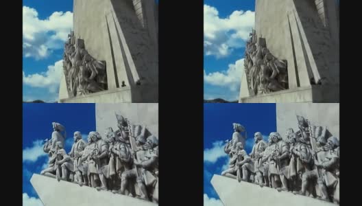 1970年6月18日，葡萄牙，西班牙:贝伦区(Belem district)的“发现纪念碑”(Monument to Discoveries)的顶部，从游客倾斜而上高清在线视频素材下载