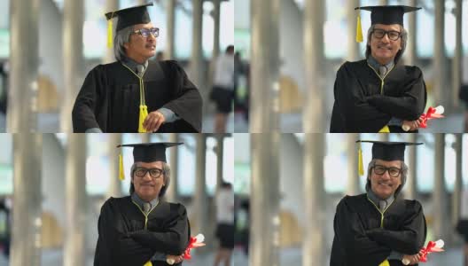 户外毕业典礼上身着学士服和学士帽的骄傲成年男子。高清在线视频素材下载