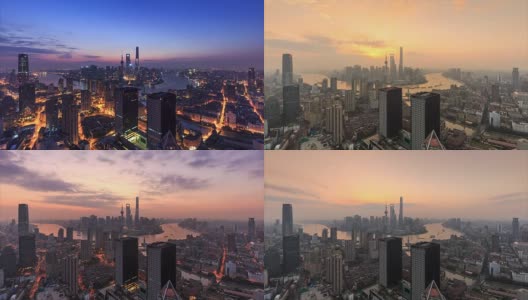 从夜晚到白天，上海的天际线和城市景观的时间流逝高清在线视频素材下载