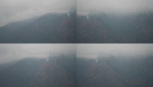 在喜马偕尔邦的马纳里，冬季浓雾笼罩的山峰。冬天被雪覆盖的山高清在线视频素材下载