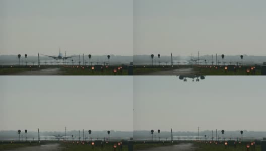 飞机在日落时降落在跑道上。带声音的后视图高清在线视频素材下载