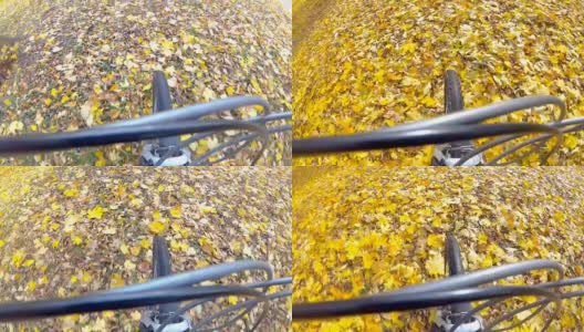 骑自行车的人骑在秋天的落叶上。高清在线视频素材下载