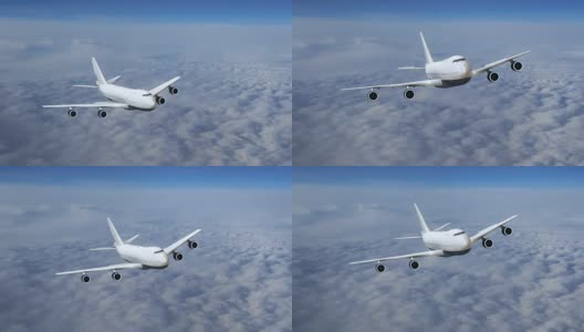 飞机在云层上飞行，商用飞机在飞行，正面视图高清在线视频素材下载