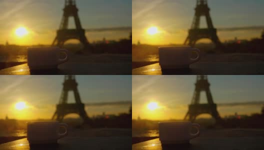 巴黎一个阳光明媚的早晨，一杯白咖啡高清在线视频素材下载