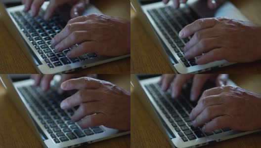 面向退休年龄人群的互联网技术。特写老人的手在笔记本电脑键盘上打字高清在线视频素材下载