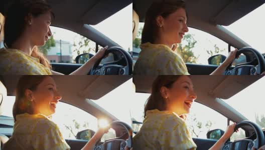 中镜头美丽的女人驾驶与大微笑高清在线视频素材下载