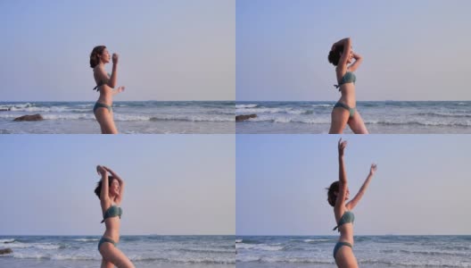 少女在沙滩上散步，享受。的生活方式。自由。旅行。假期——iStock高清在线视频素材下载
