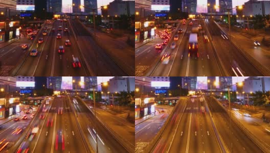 时间从白天到夜晚，在香港城市天际线的道路上轻交通高清在线视频素材下载