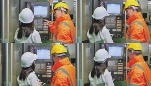 女工程师学徒与数控机械工程师一起工作高清在线视频素材下载