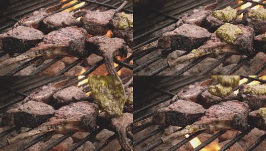美味的烤法国羊排在炭火烤架上高清在线视频素材下载