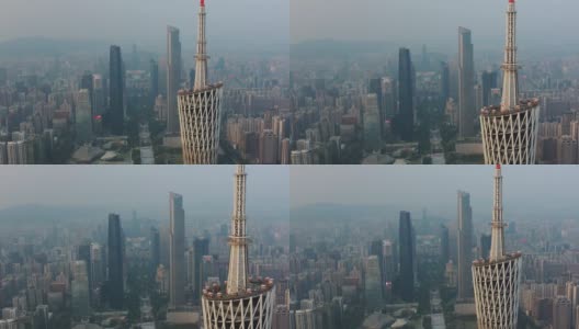 日落时分广州市著名塔顶市中心广场航拍4k中国全景高清在线视频素材下载