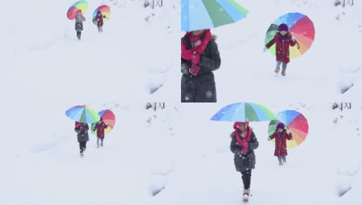 小女孩们在雪中奔跑高清在线视频素材下载