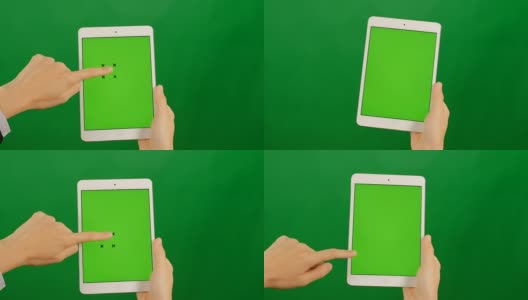 女商人在绿色背景上使用空白的绿色屏幕平板电脑。高清在线视频素材下载
