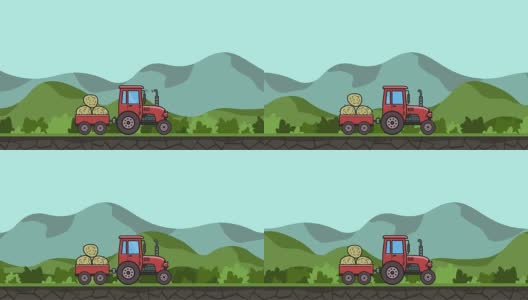 动画拖拉机满载干草通过绿色山谷。在丘陵景观背景上移动农用车辆。平面动画。高清在线视频素材下载