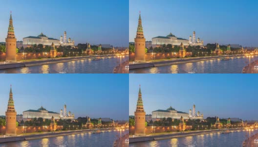 莫斯科城市天际线白天到晚上的运动，在克里姆林宫宫殿、红场和莫斯科河，莫斯科俄罗斯4K时间流逝高清在线视频素材下载
